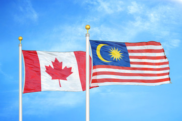 Canada and Malaysia two flags on flagpoles and blue cloudy sky