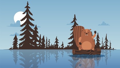 Beaver sit on stump, waving paw, lake, forest pine background, flat vector illustration. Natural landscape, wildlife animal, smiling bobr, living nature. Website design template, banner. © Vectorvstocker