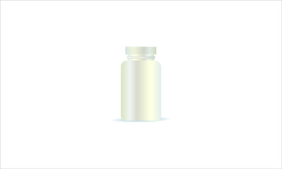 Medical container on white background. Vector illustration. Plastic bottle with lid for cosmetics, vitamins, tablets or capsules.