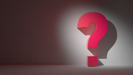Red question mark on a white background. 3D render of a three-dimensional sign of wall and floor with a place for test copyspace. lit up by intense light