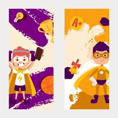 Real superpowers, smart, strong character kid, little man best physical form, cleverest, flat vector illustration. Kid with dumbbells, basketball, barbell, cup, call, best school estimate.