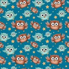 Fotobehang Illustration birthday holiday seamless pattern funny cartoon cute colorful brown blue turquoise owl isolated on blue background with stars. Perfect for children © Topolyushka