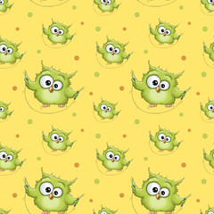 Illustration birthday holiday seamless pattern funny cartoon cute colorful green owl isolated on polka dot yellow background. Children birthday holiday party