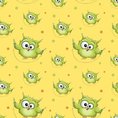 Illustration birthday holiday seamless pattern funny cartoon cute colorful green owl isolated on polka dot yellow background. Children birthday holiday party