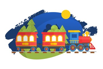 Children train on child railway, isolated on white, flat vector illustration. Realistic kid toy, green forest, woodland, baby toy development red locomotive, web banner, intellect growth.