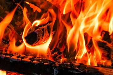 a Fire with coals and fire on nature picnic background. Burns out a bonfire for food on the street