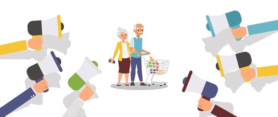 Hands hold megaphone, advertising old people, commercial campaign, character aged people, old male, female, isolated on white, flat vector illustration. Elderly couple with shop trolley.