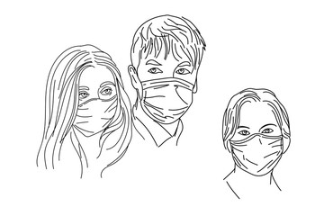  A group of people. Man and women in medical masks. Line contour drawing on a white background. Covid Prevention Concept - 19 or Coronavirus 2019 -nCov. Vector illustration