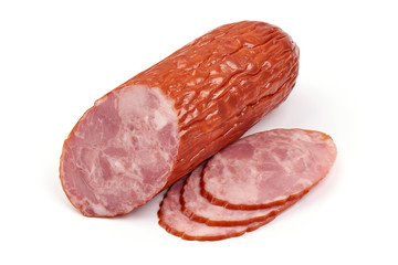 Smoked Ham sausage, isolated on white background