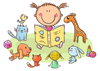 Little girl reading to toys or playing school, cartoon illustration