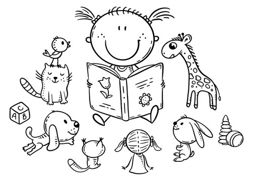 Little girl reading to toys or playing school, coloring page