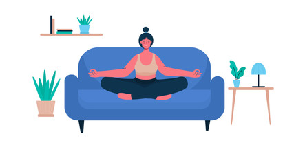 Obraz premium Woman with closed eyes sitting cross legged on chair meditating in room or apartment. Meditation, relaxation at home, yoga. health benefits for body, mind, emotions. Flat cartoon vector illustration.