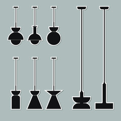Naklejka premium Interior furniture stickers. Ceiling lamp icon set. Silhouette ceiling lamps light for home appliance indoor furniture. Vector stock illustration of pendants. Black vector lamps isolated on white. 