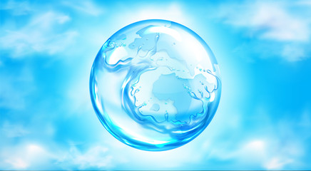 Water splashing sphere on blue sky background with white clouds. Save planet aqua resources, Earth safe and ecology protection concept. Liquid splash ball with drops, Realistic 3d vector illustration