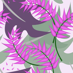 Vector seamless pattern with abstract flowers. Creative floral texture with simple silhouettes, organic shapes, leaves. Tropical style background. Purple, pink, green color. Repeat decorative design