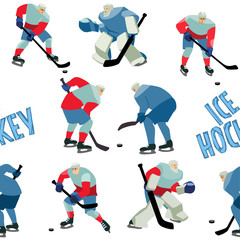 Fototapeta na wymiar Ice Hockey seamless hand drawn pattern players and lettering.