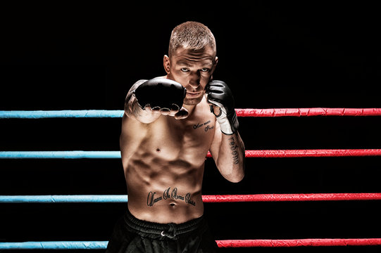Mixed martial artist posing in boxing ring. Concept of mma, ufc, thai boxing, classic boxing.