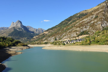 Bubal dam and Hoz de Jaca village, Huesca province, Aragon, Spain
