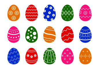 Easter egg set. Flat colored eggs silhouette with creative ornament, abstract patterns isolated on white background, decorative easter holiday design. Vector graphic illustration