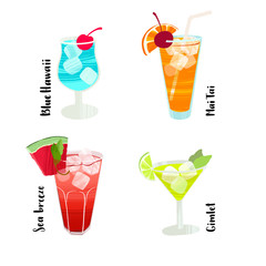 Alcoholic cocktail. Handwritten lettering and hand drawn glasses with different beverage