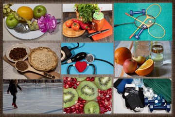 Obraz na płótnie Canvas Collage. Healthy lifestyle. Exercise and proper nutrition.