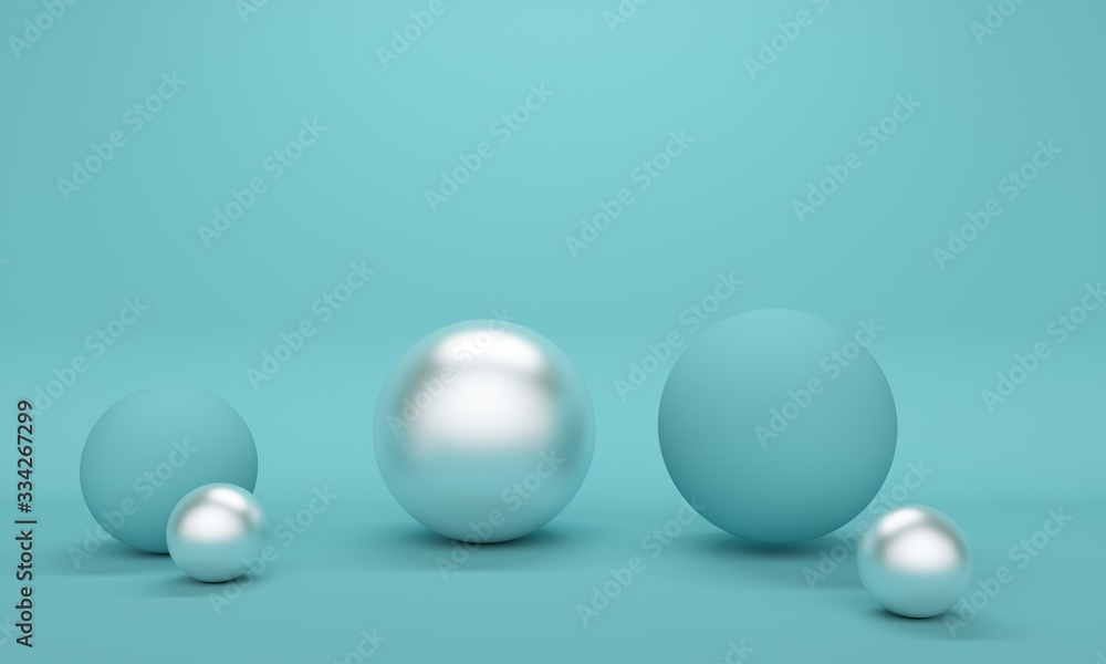 Poster abstract blue background with silver spheres. 3d rendering