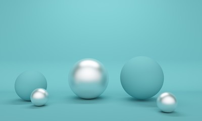 Abstract blue background with silver spheres. 3d rendering