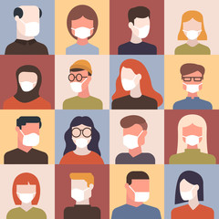 Coronavirus (2019-nCoV), Different People in White Medical Face Mask. Concept of Worldwide Quarantine and Self-isolation. Vector Flat Illustration