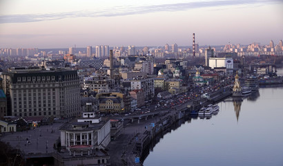 River port and church on the water in Kiev