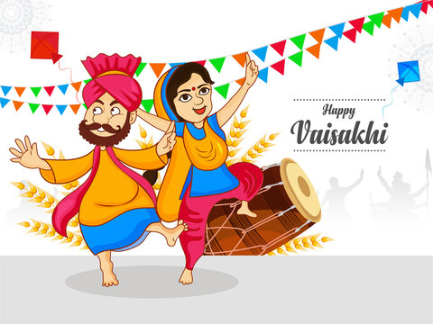 Happy vaisakhi, Baisakhi festival celebration with punjabi culture of india punjabi people dancing bhangra. Cute characters.