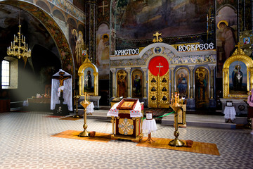 temple interior, altar and beam of light from the window