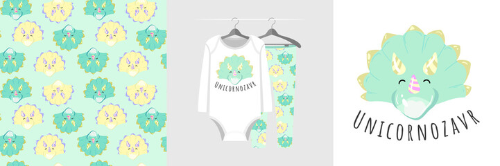 Seamless pattern and illustration with triceratops, Unicornozavr text