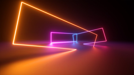 3d render, abstract colorful neon background. Stage laser show illumination. Rectangular geometric shapes, square frames, virtual reality. Glowing neon lines. Modern design