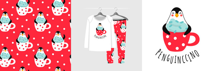 Seamless pattern and illustration with a penguin and a cup of cappuccino