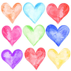 Watercolor hand painted rainbow hearts set, illustrated and isolated for wedding invitations or Valentine's day card