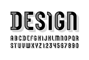 Trendy stripped font, black alphabet sans serif, modern uppercase letters and numbers, vector illustration 10EPS