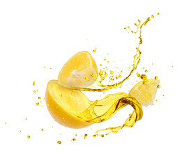 Juice splashes out from sliced lemon, isolated on white background
