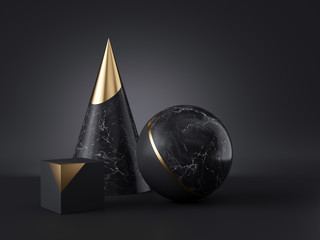 3d abstract primitive shapes isolated on black background, marble and gold cone ball cube, clean minimalist design, classy decor elements, modern geometric objects, premium futuristic style