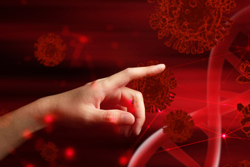 people hand touching blood dna of nCov covid-19 structure coronavirus crisis outbreak pandemic...