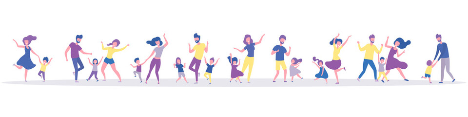 Set of dancing families. Happy parents and children. Family dance. Flat style
