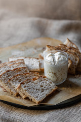 Slices of natural, homemade bread without yeast. .leaven in a glass. Starter. The concept of healthy eating and homemade food..