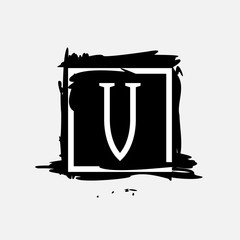 V letter logo in square frame at ink dry brush strokes with rough edges.