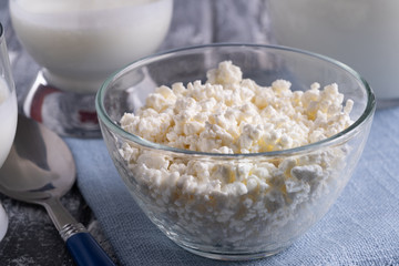 Close up view curd cheese in a glass plate on gray table.