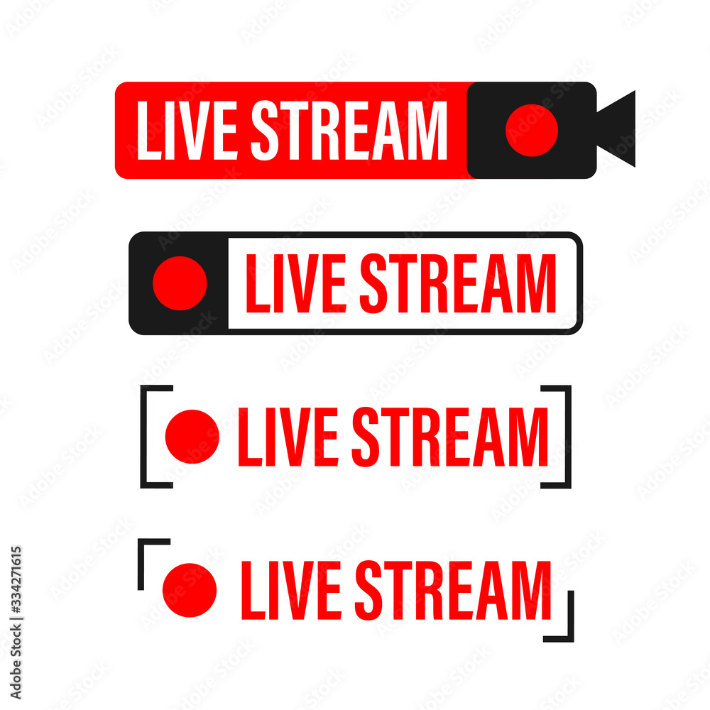 Poster live stream flat logo - red vector design element with play button. vector illustration