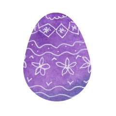 Watercolor violet ornamental Easter egg. Oval background. Colorful element for Happy Easter. Hand drawn egg illustration on white background isolated