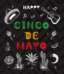 Fototapeta na wymiar Mexico vector background. Happy Cinco de Mayo greeting card with hand drawn lettering and sketch of Mexican culture attributes