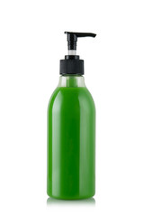 Green bottle of liquid soap or gel with a pump on a white isolated background. close-up.