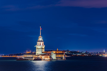 Obraz premium Maiden Tower at Night, Blue Sky - Istanbul , Turkey - Kiz Kulesi / Leander's Tower / Tower of Leandros - Uskudar, Bosphorus