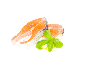 Salmon with basil and lemon isolated, copy space