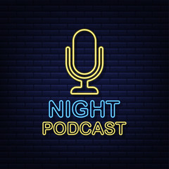 Night Podcast. Neon Badge, icon, stamp, logo. Vector stock illustration.